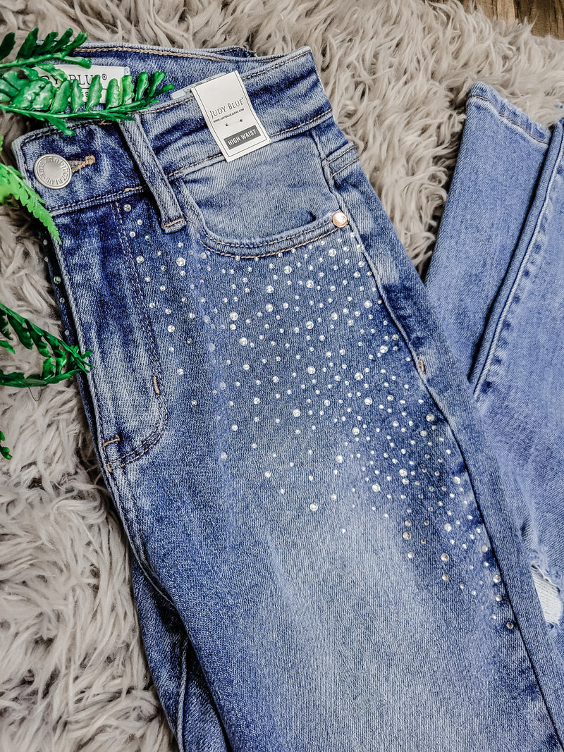Jewel Rhinestone Distressed Slim Fit Jeans- Medium Wash – The Lace Sparrow  Boutique