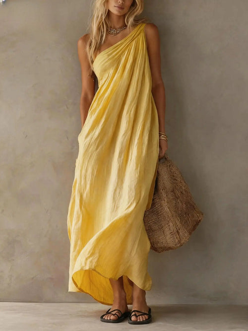 Celine One-Shoulder Linen Maxi Dress