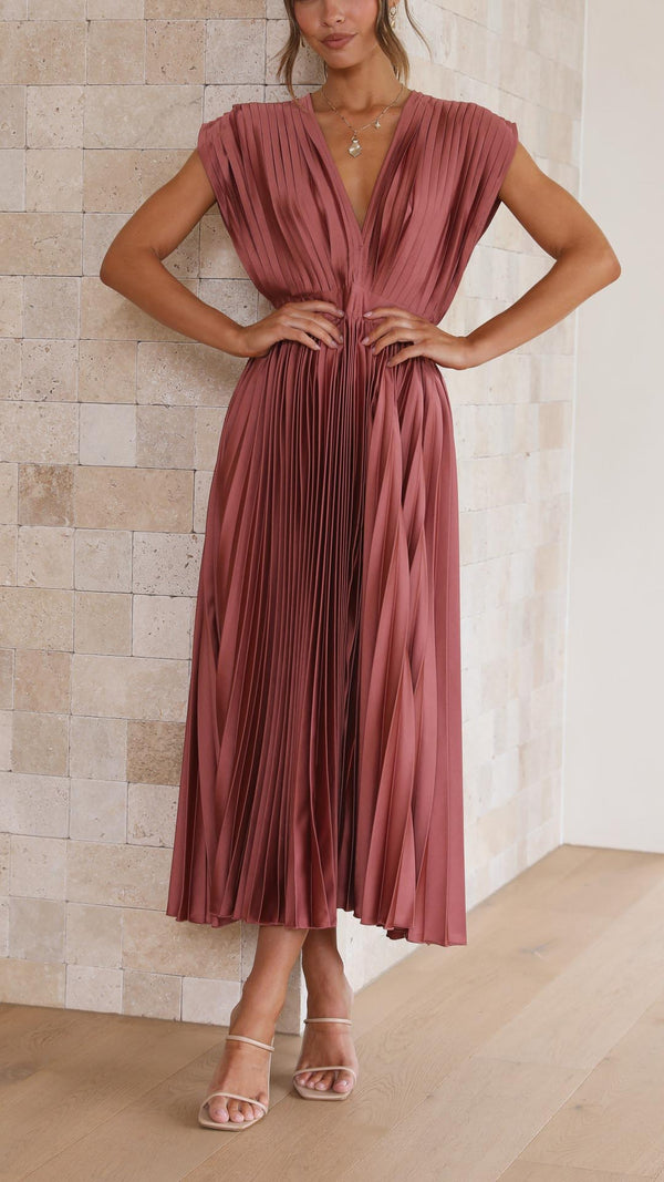Catherine Pleated V-Neck Midi Wedding Guest Dress