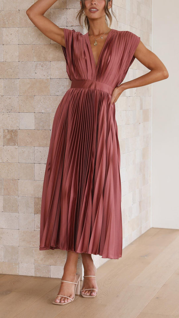 Catherine Pleated V-Neck Midi Wedding Guest Dress