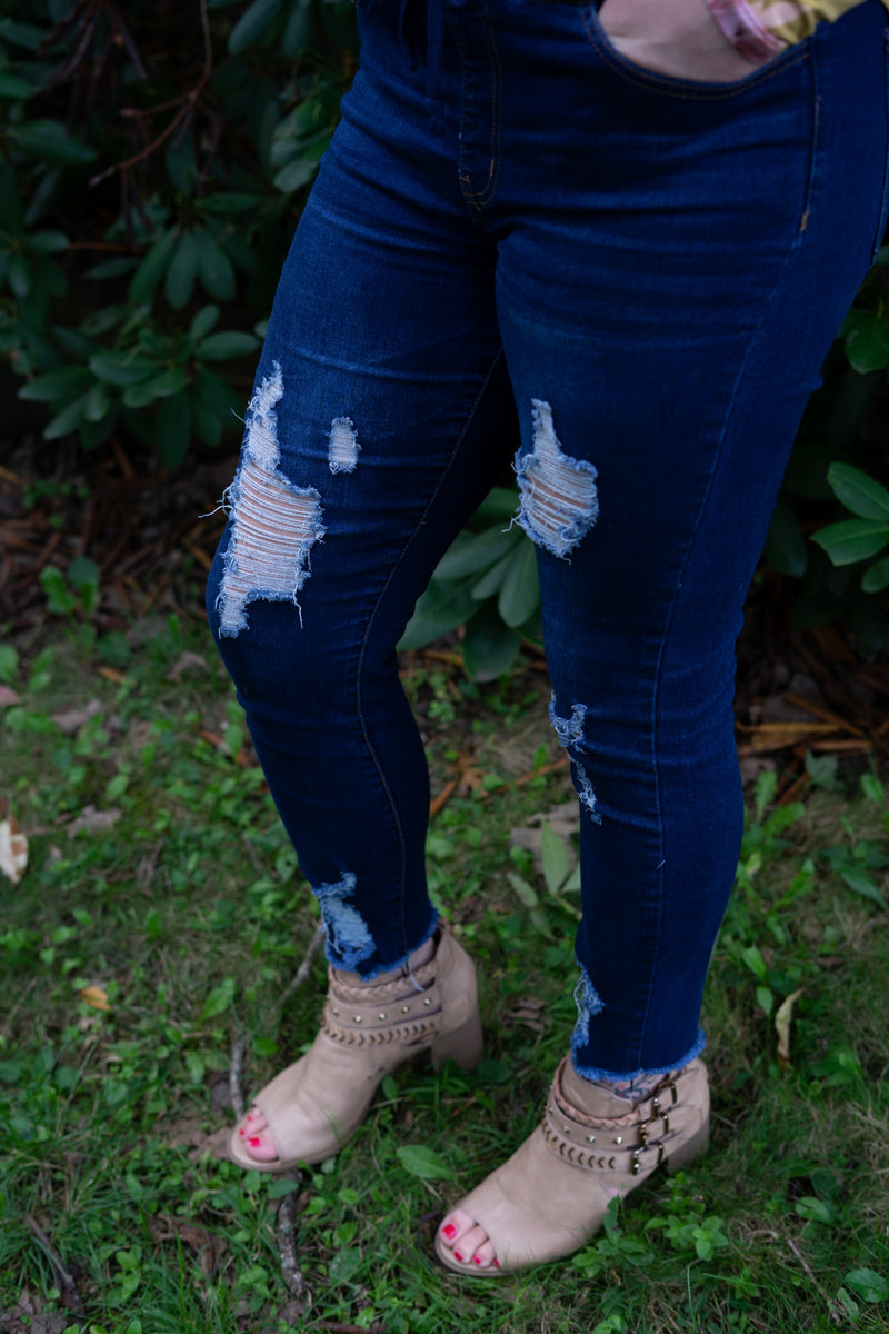 Denim High Waisted Distressed Joggers