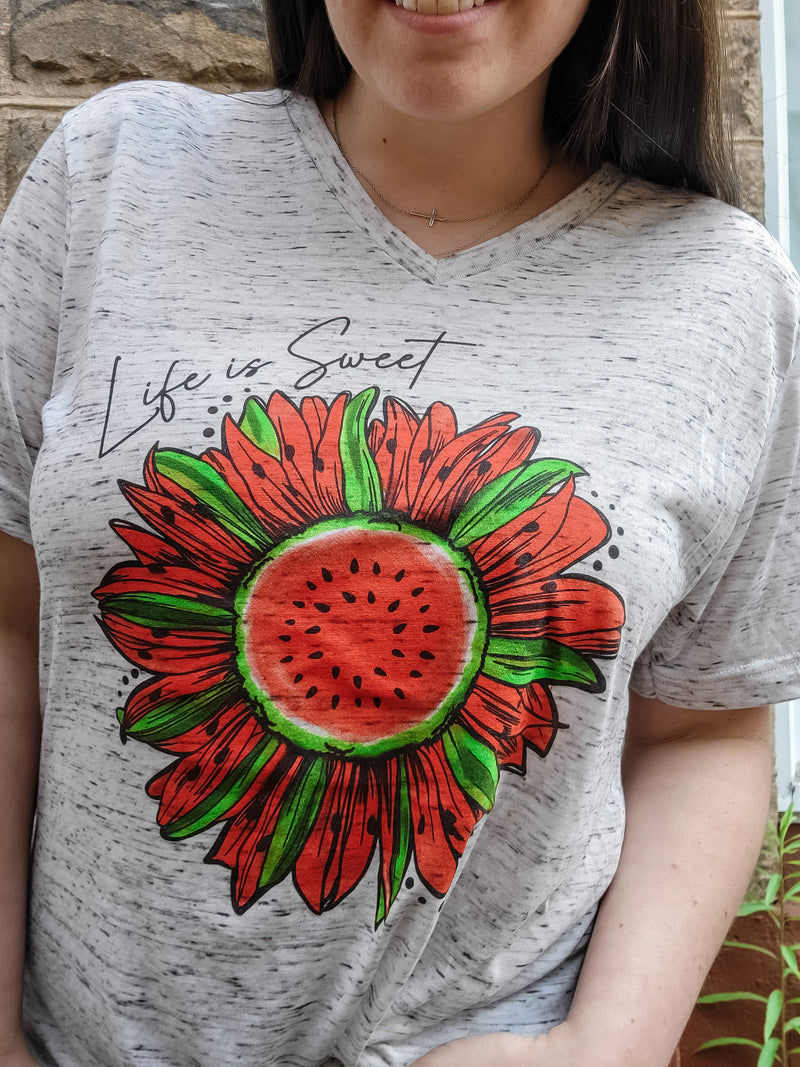Life Is Sweet Watermelon Sunflower Graphic Tee- Heathered Gray