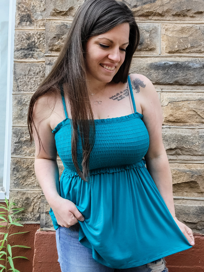 Far From Basic Smocked Tank Top- Teal