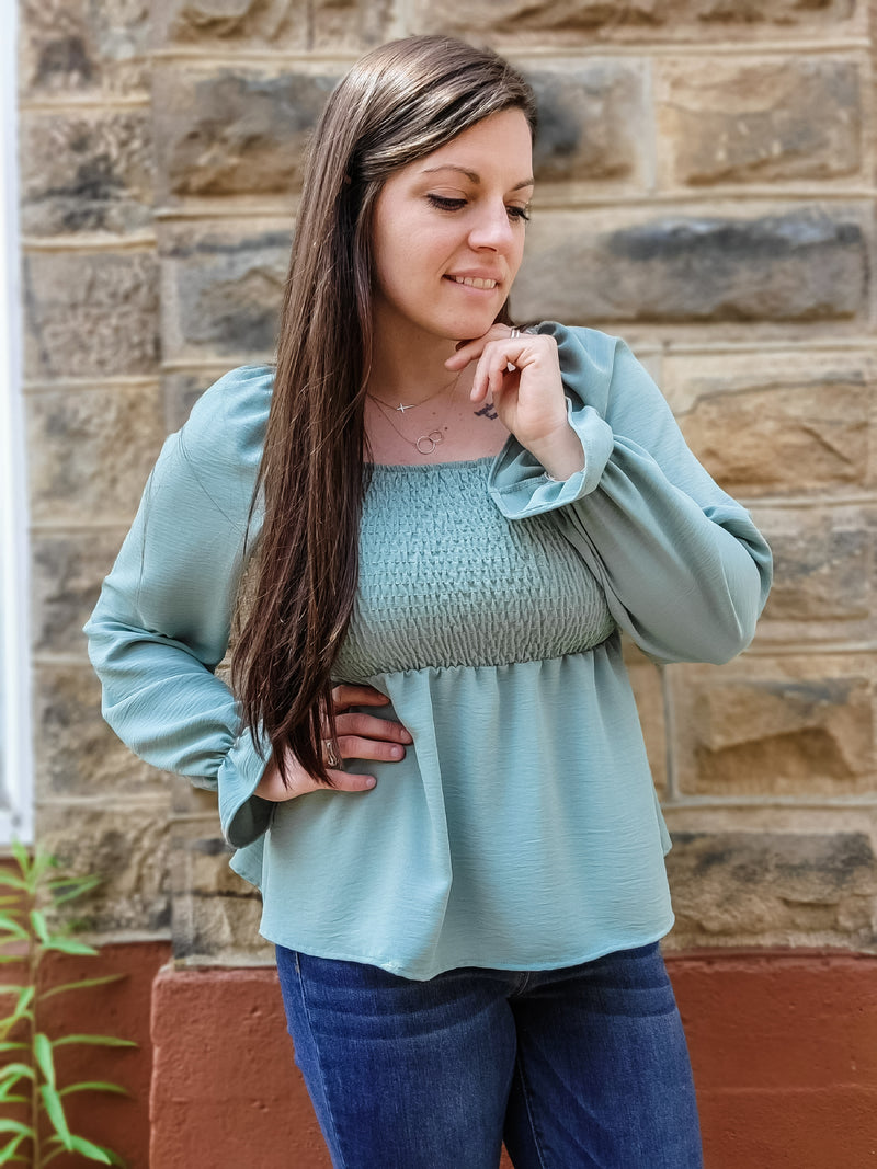 I'll Be There Smocked Peplum Top- Sage