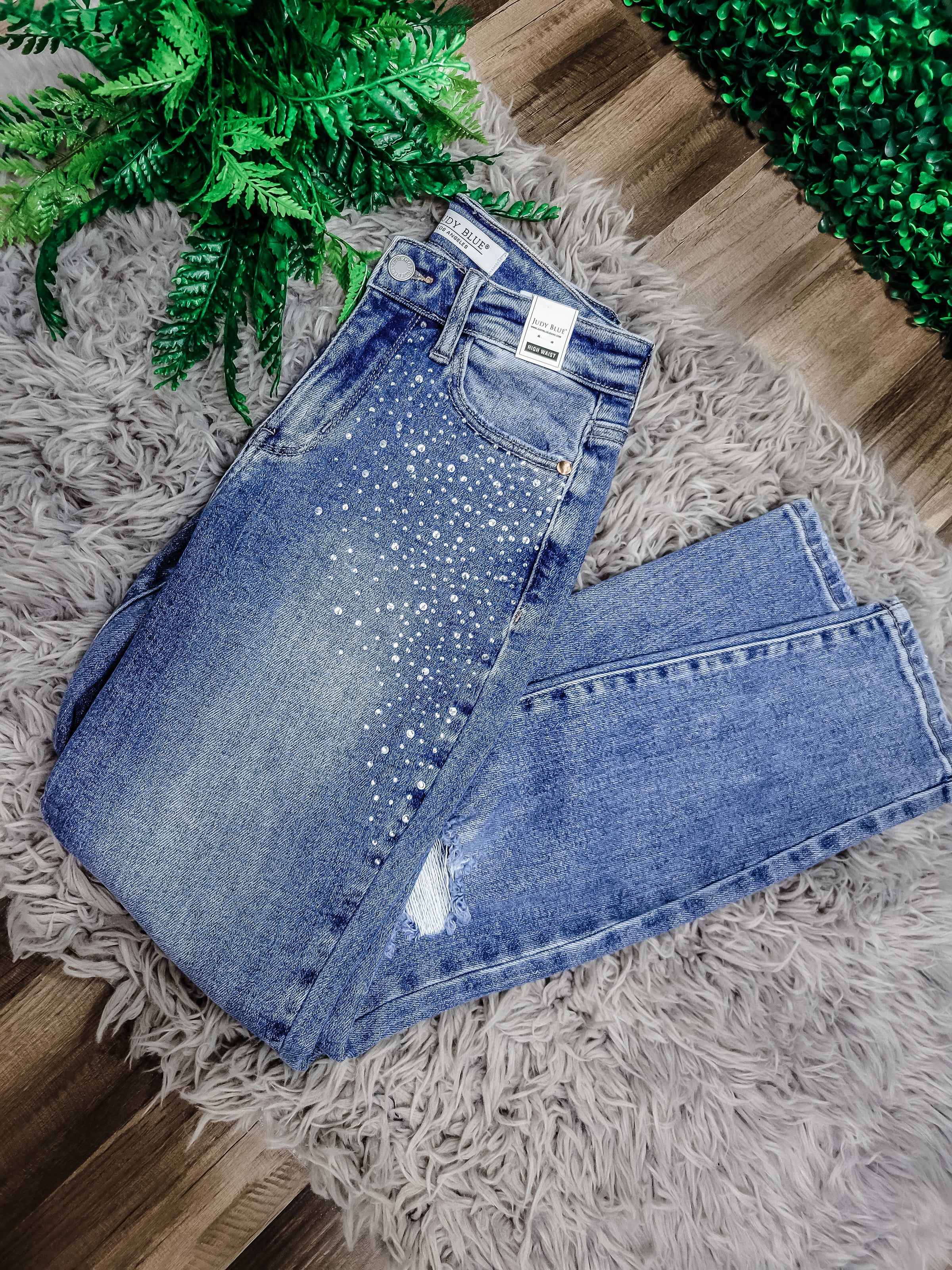Jewel Rhinestone Distressed Slim Fit Jeans- Medium Wash – The Lace