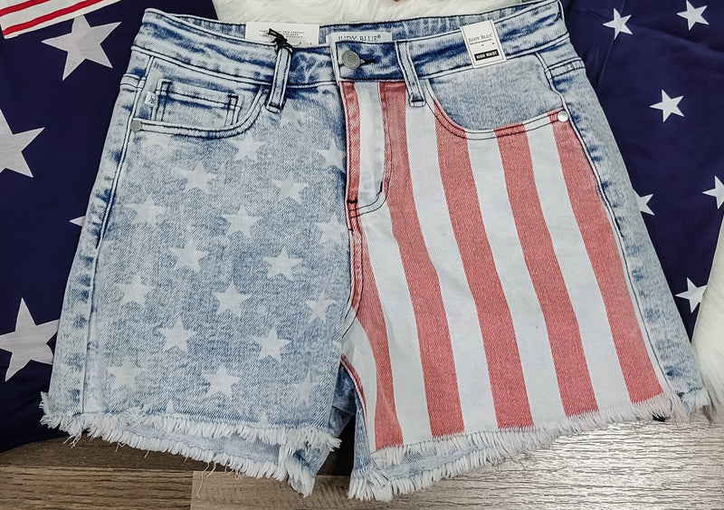 All American Girl Stars & Stripes Denim Shorts- Light Acid Wash