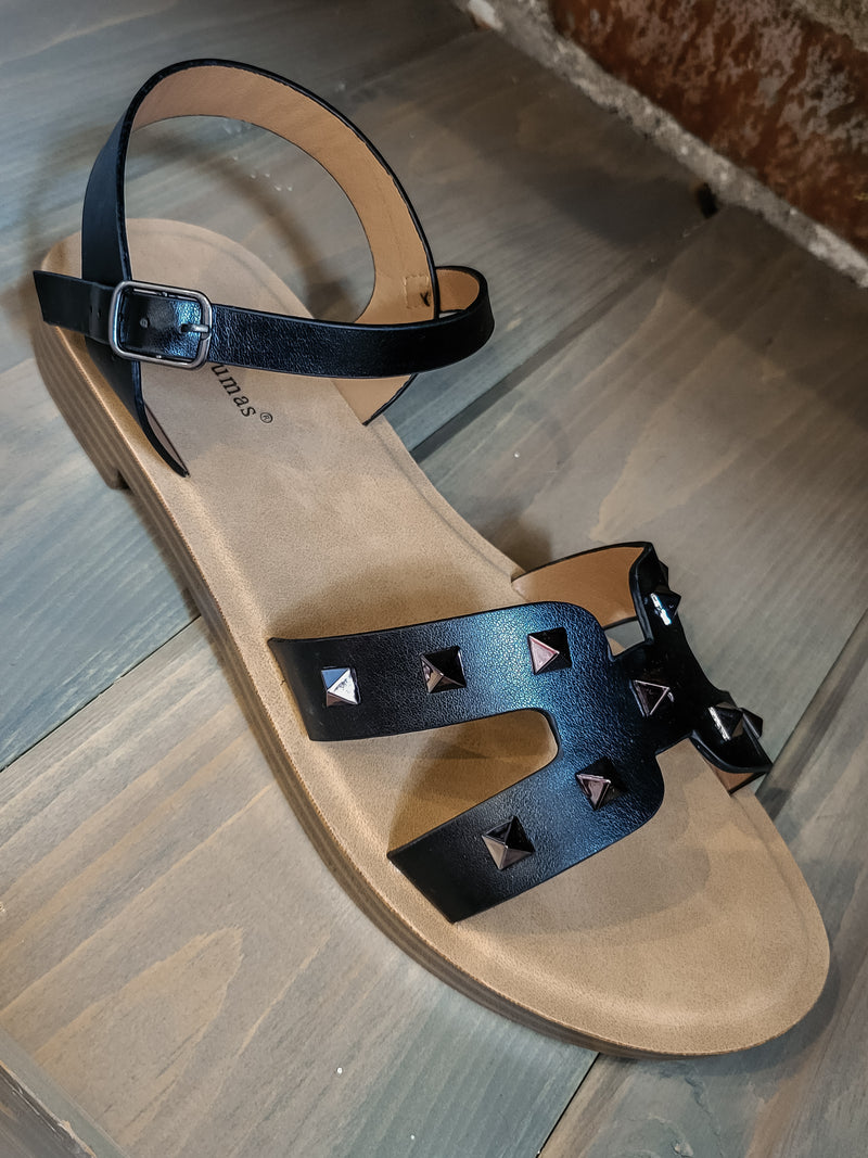 Elva Studded Flat Sandals- Black