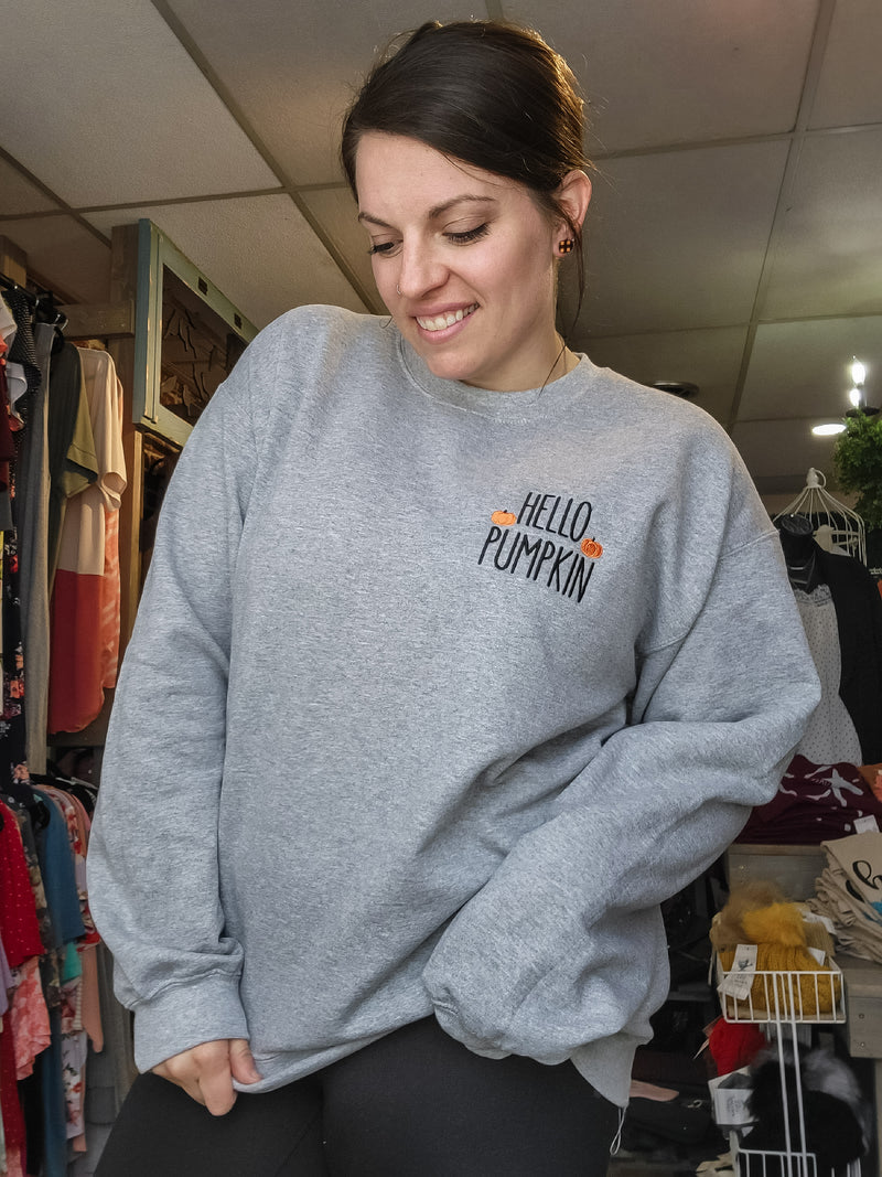 Hello Pumpkin Embroidered Crewneck Sweatshirt- Heather Gray