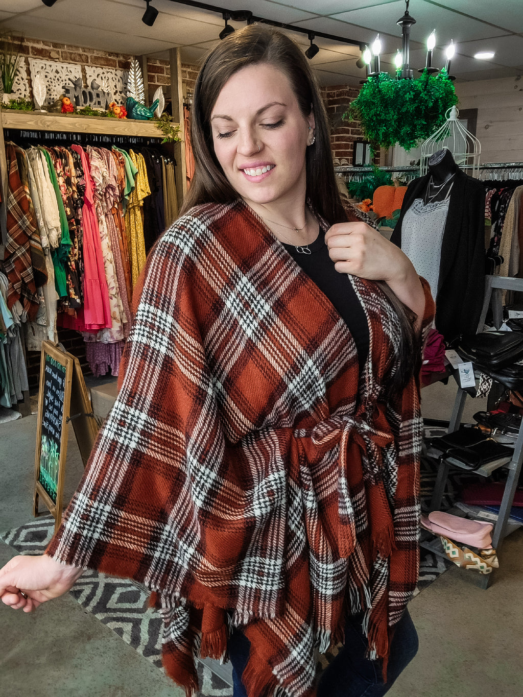 Just Linger Plaid Belted Poncho- Rust