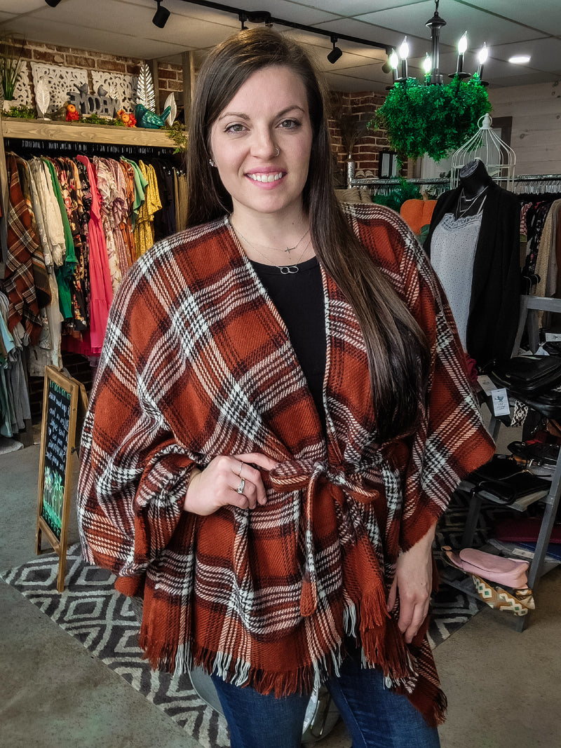 Just Linger Plaid Belted Poncho- Rust