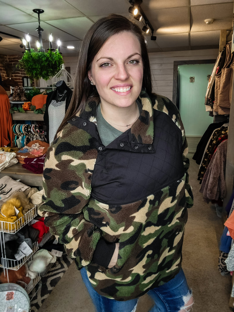 On The Look Out Camo Fleece Pullover- Olive
