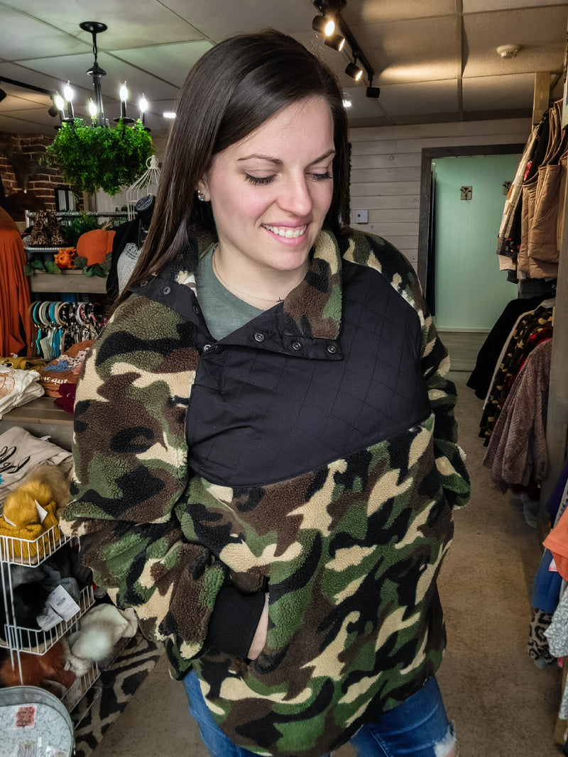 On The Look Out Camo Fleece Pullover- Olive