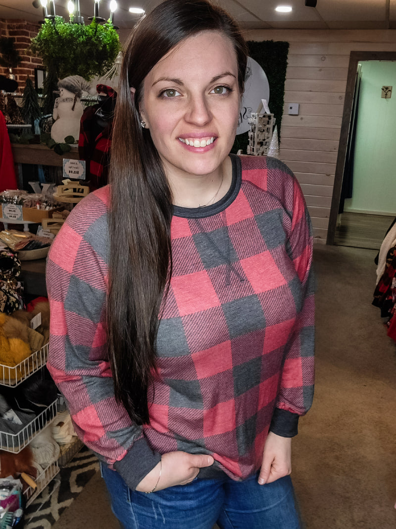 Adventure On Buffalo Plaid Pullover- Red & Charcoal