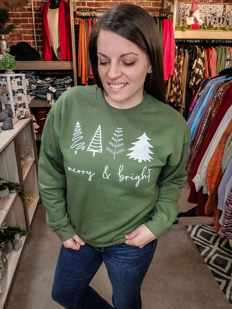 Merry & Bright Graphic Crewneck Sweatshirt- Olive
