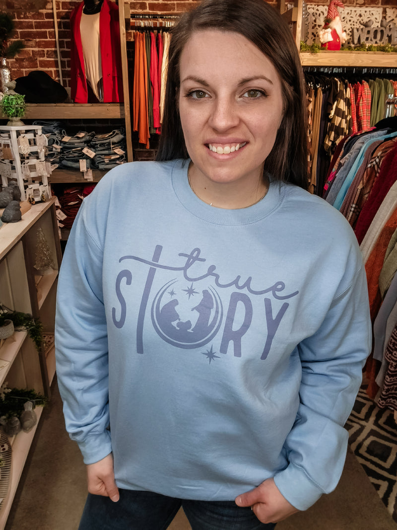 True Story Nativity Scene Graphic Crewneck Sweatshirt- Light Blue