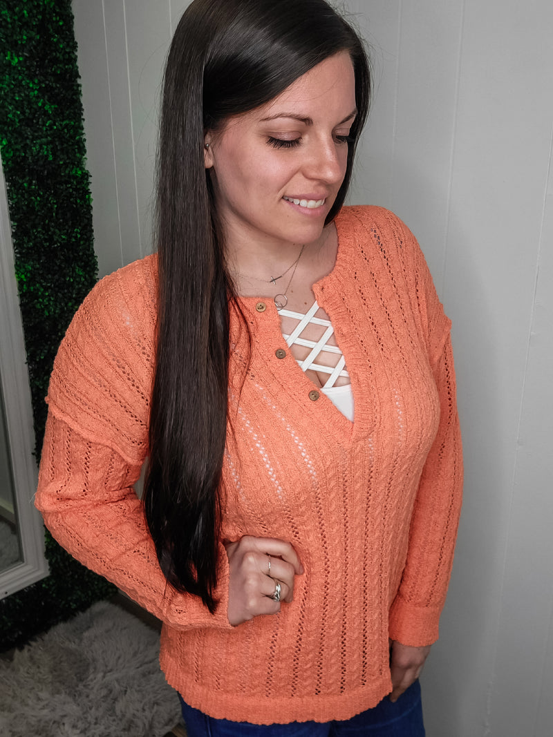 Simply Chic Henley Sweater- Coral