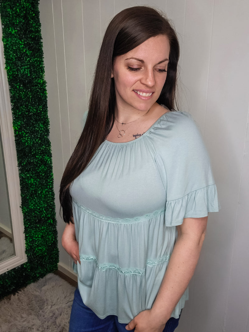 Never Fall In Love Tiered Top- Sage