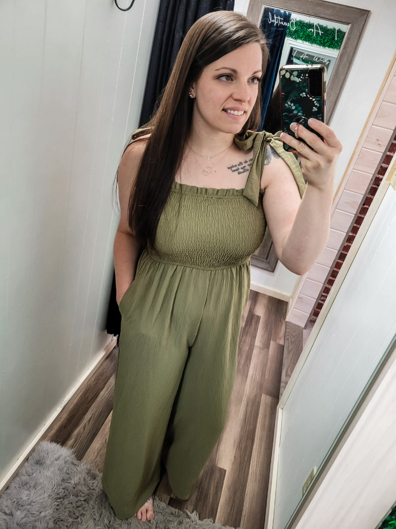 Just In Time Smocked Bodice Jumpsuit- Olive