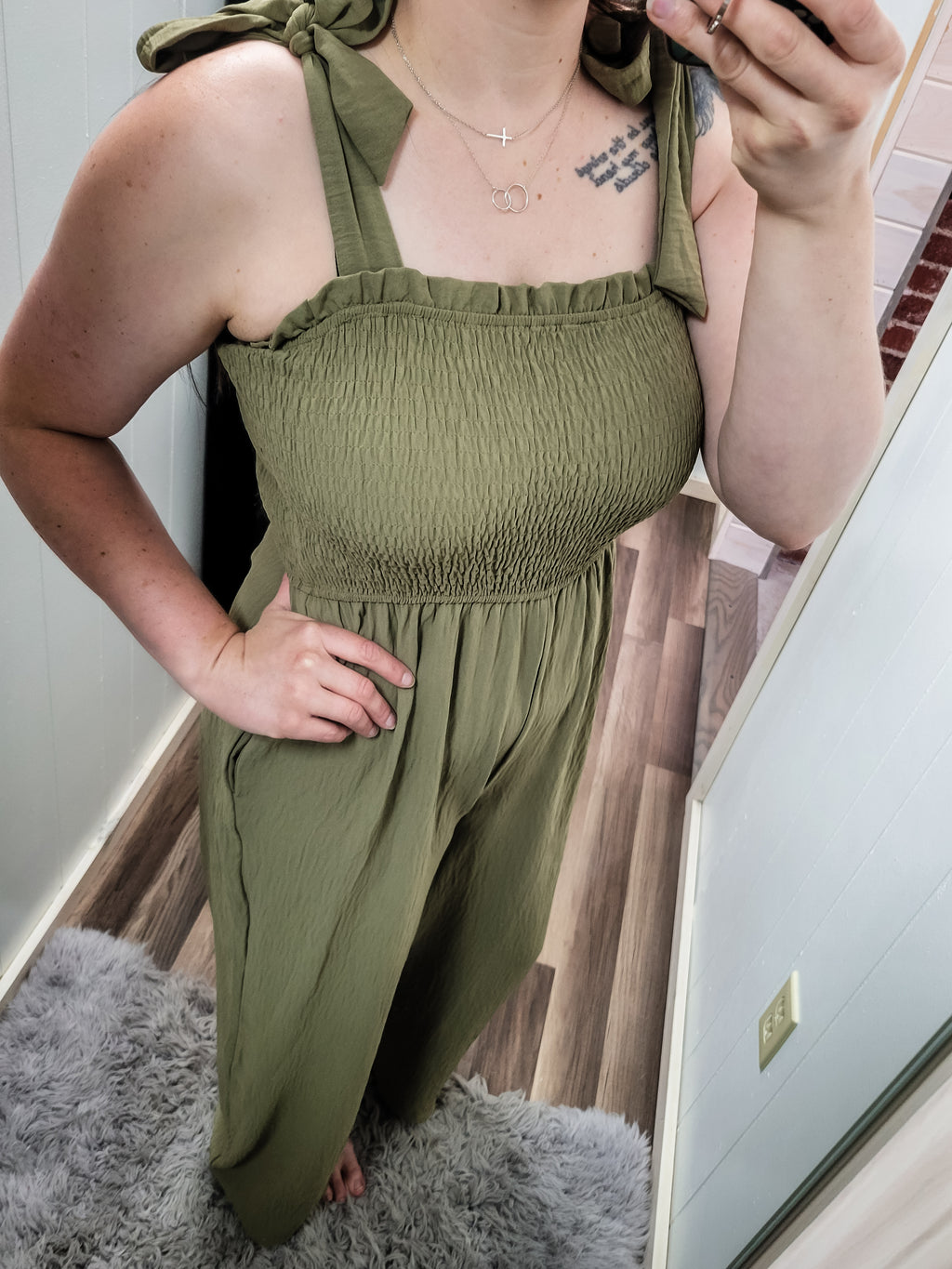 Just In Time Smocked Bodice Jumpsuit- Olive