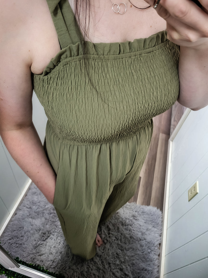 Just In Time Smocked Bodice Jumpsuit- Olive