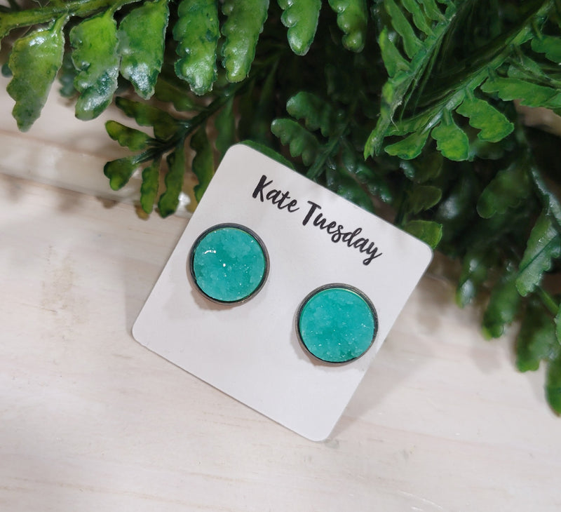 12 mm Faux Druzy Stud Earrings- Dusty Teal/Silver