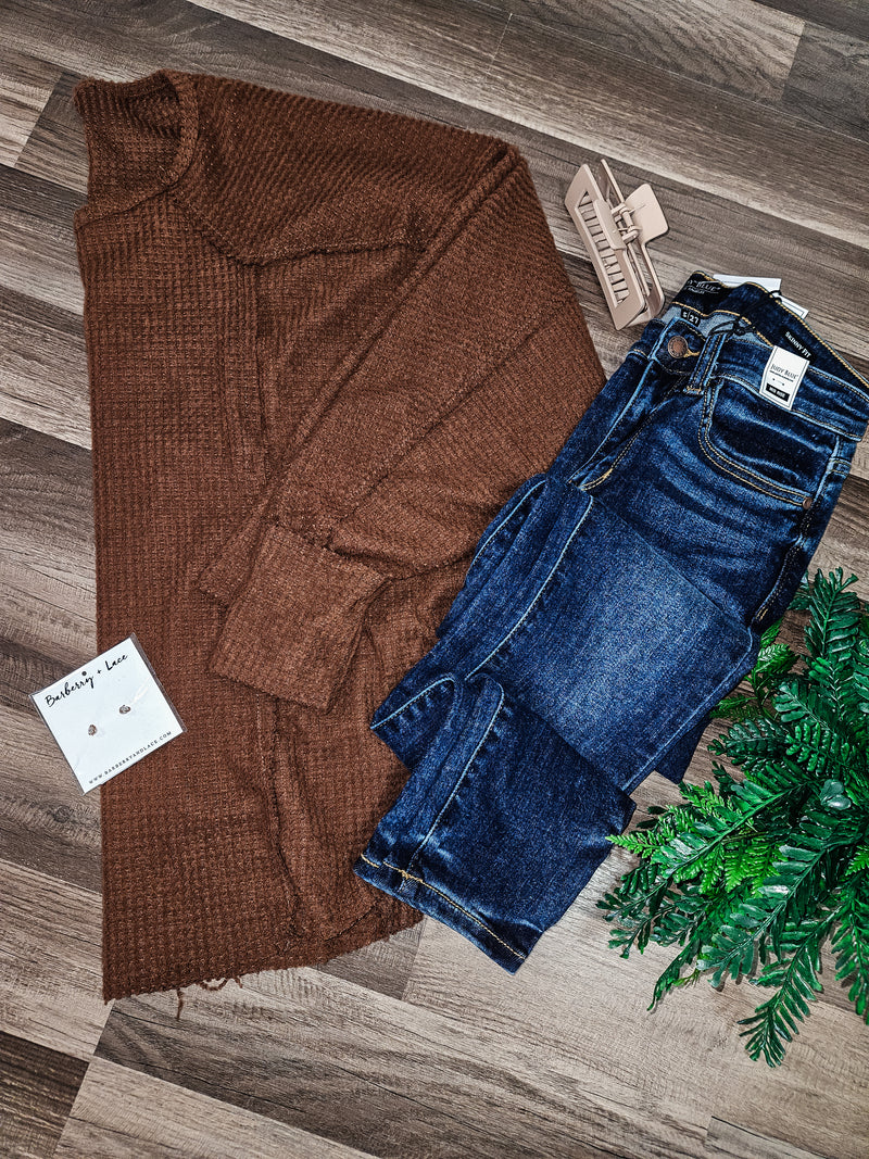 Take On The Day Waffle Knit Dolman Top- Brown