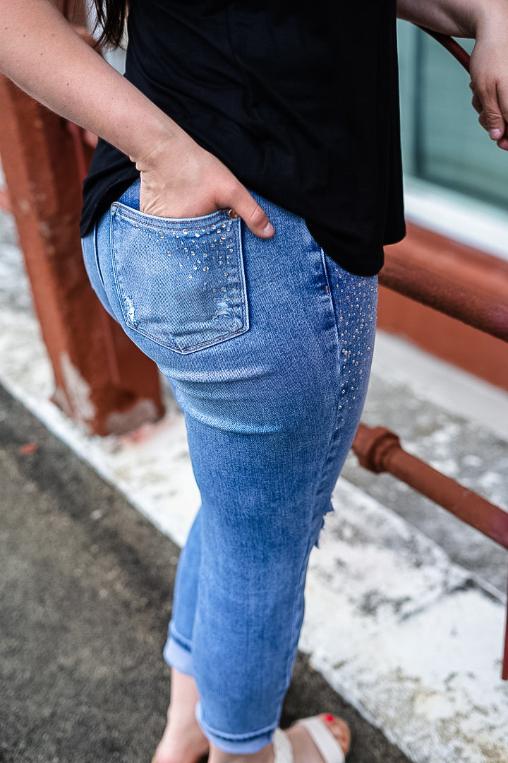Jewel Rhinestone Distressed Slim Fit Jeans- Medium Wash