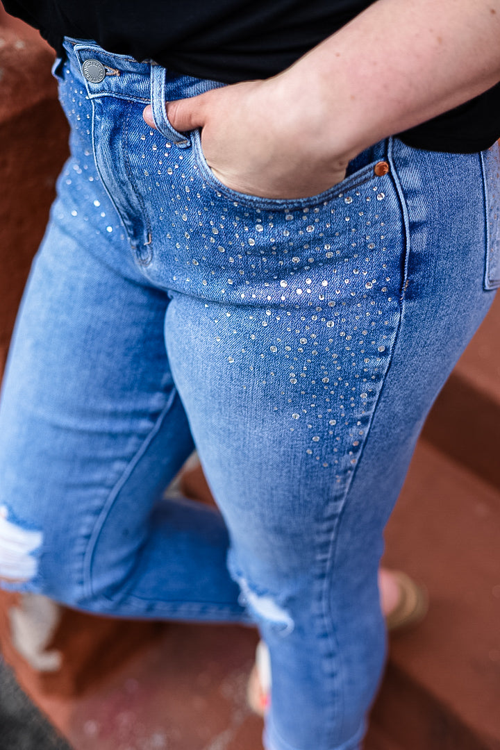 Jewel Rhinestone Distressed Slim Fit Jeans- Medium Wash