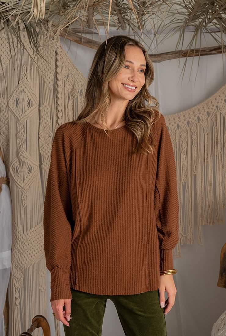 Take On The Day Waffle Knit Dolman Top- Brown