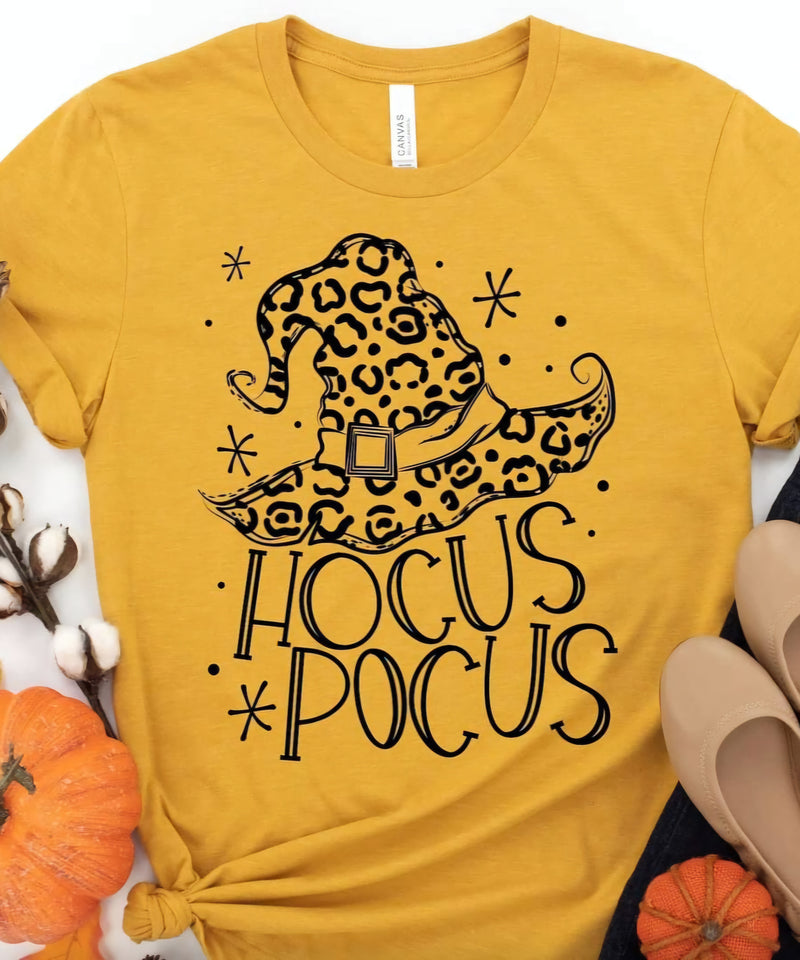 Hocus Pocus Leopard Witch Hat Graphic Tee- Mustard