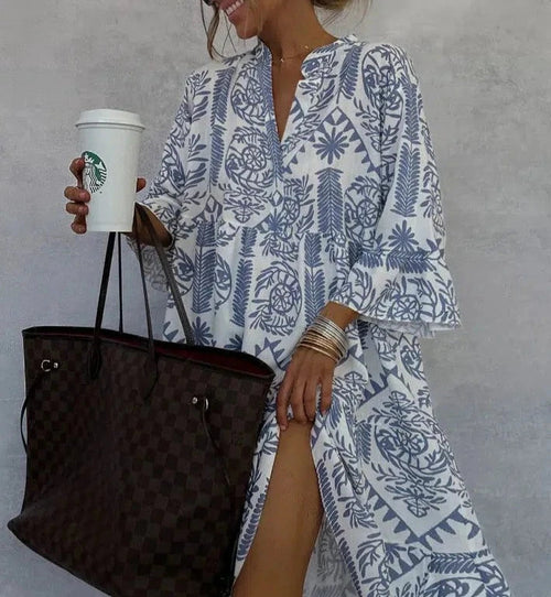 Maelle Boho Patterned Long Sleeve Mini Dress – Blue