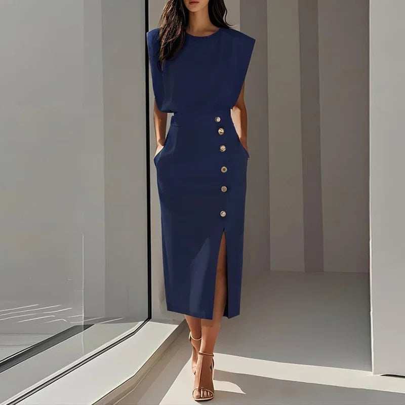 Paige Elegant Button Split Midi Dress