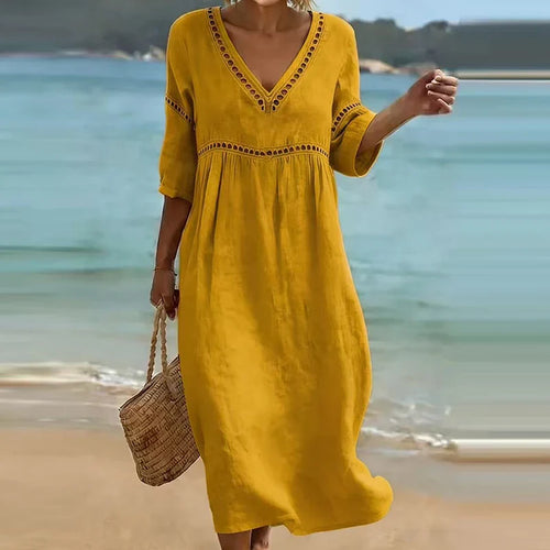 Brenna Hollow Trim V-Neck Midi Dress