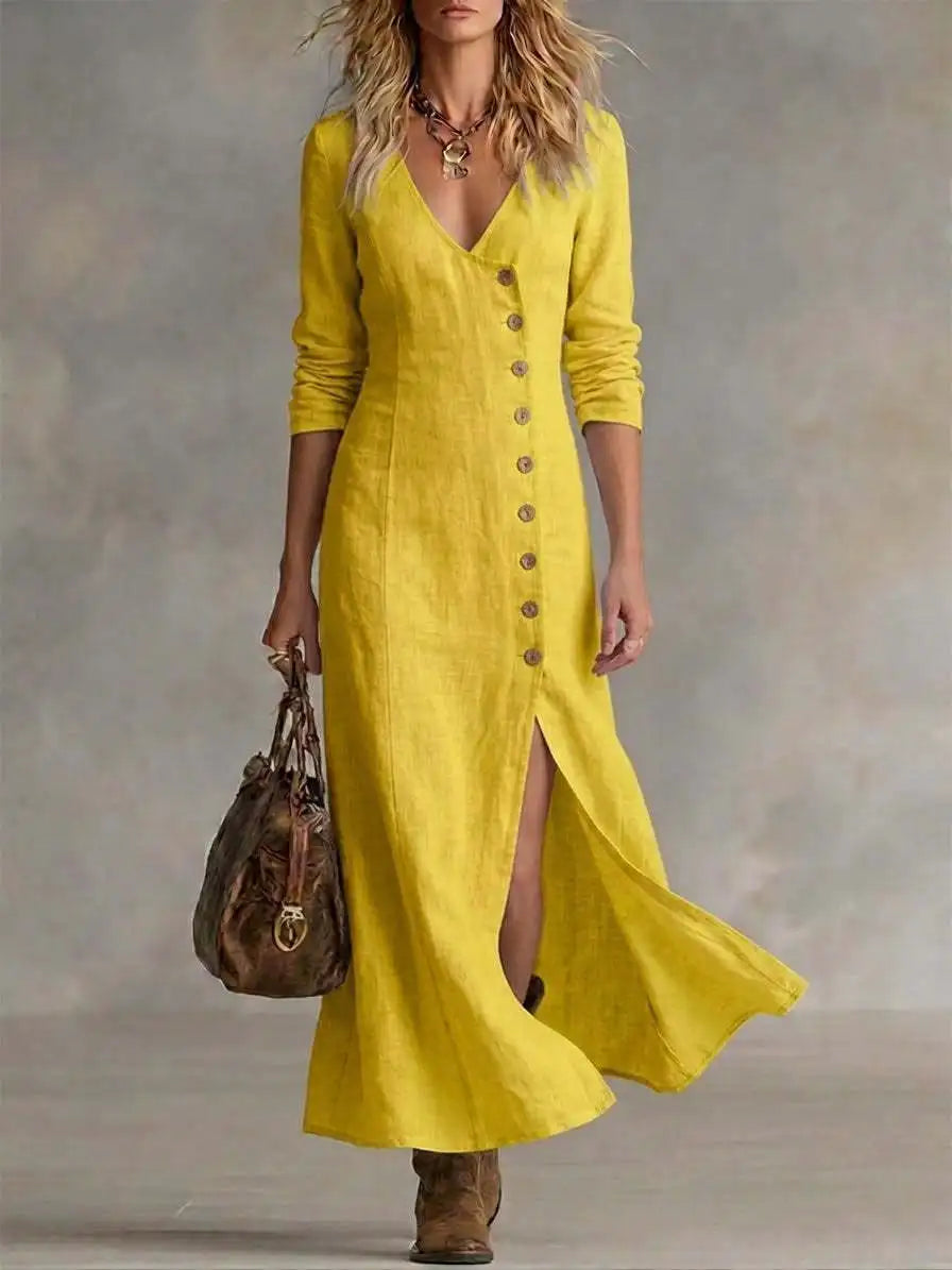 Yasmin Button Front Side Slit Maxi Dress in Yellow