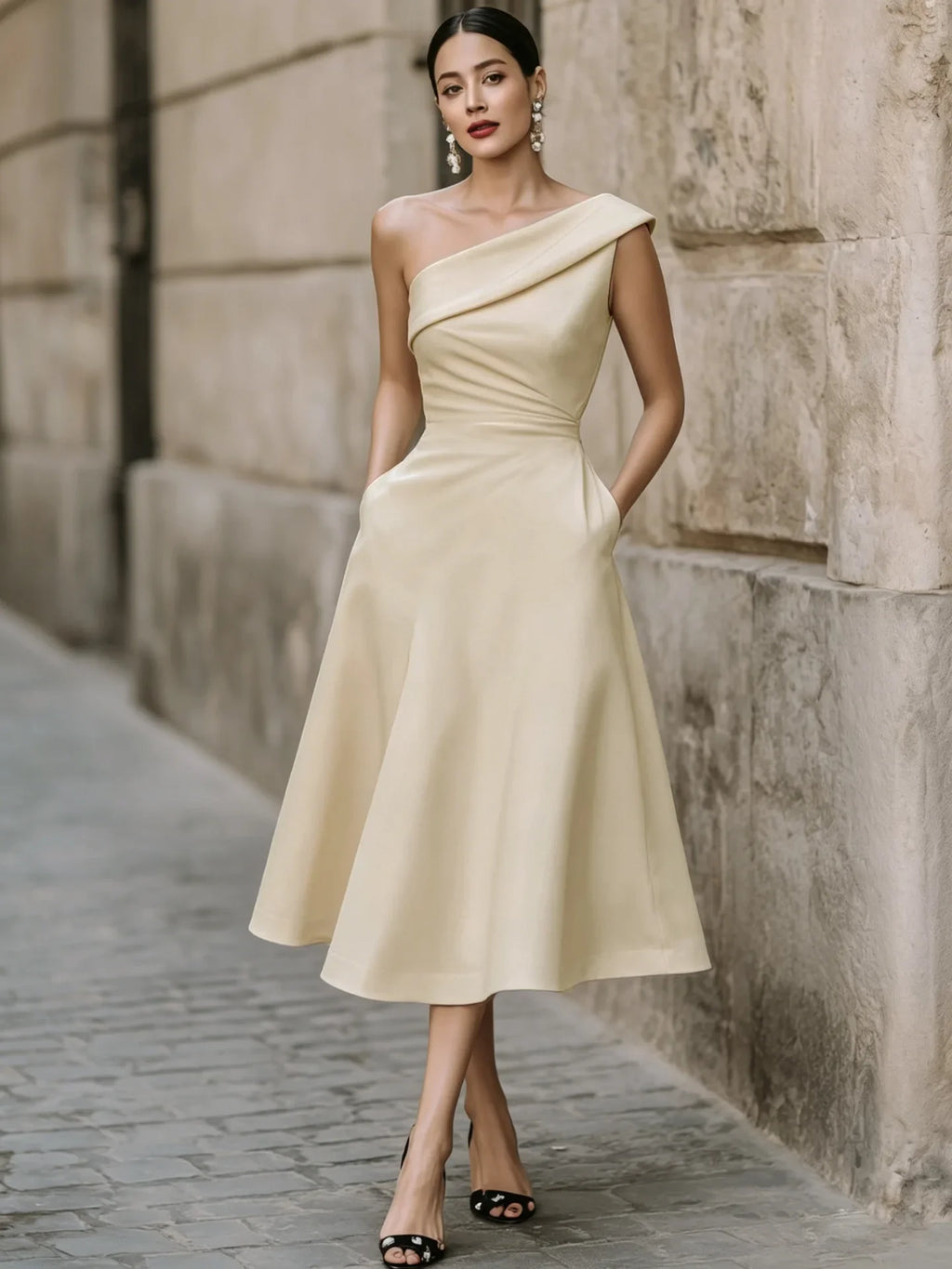 Eileen Elegant One Shoulder Midi Dress