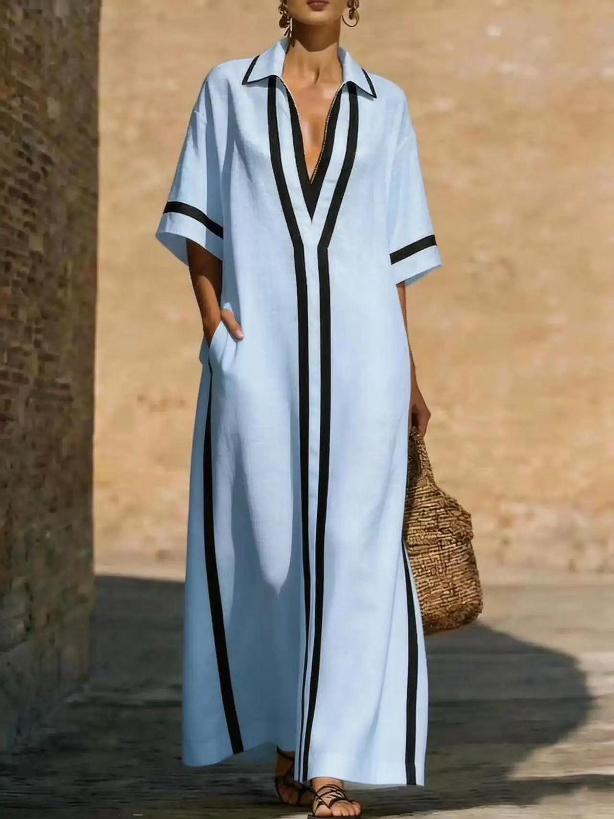 Victoria V-Neck Long Shirt Dress in Blue