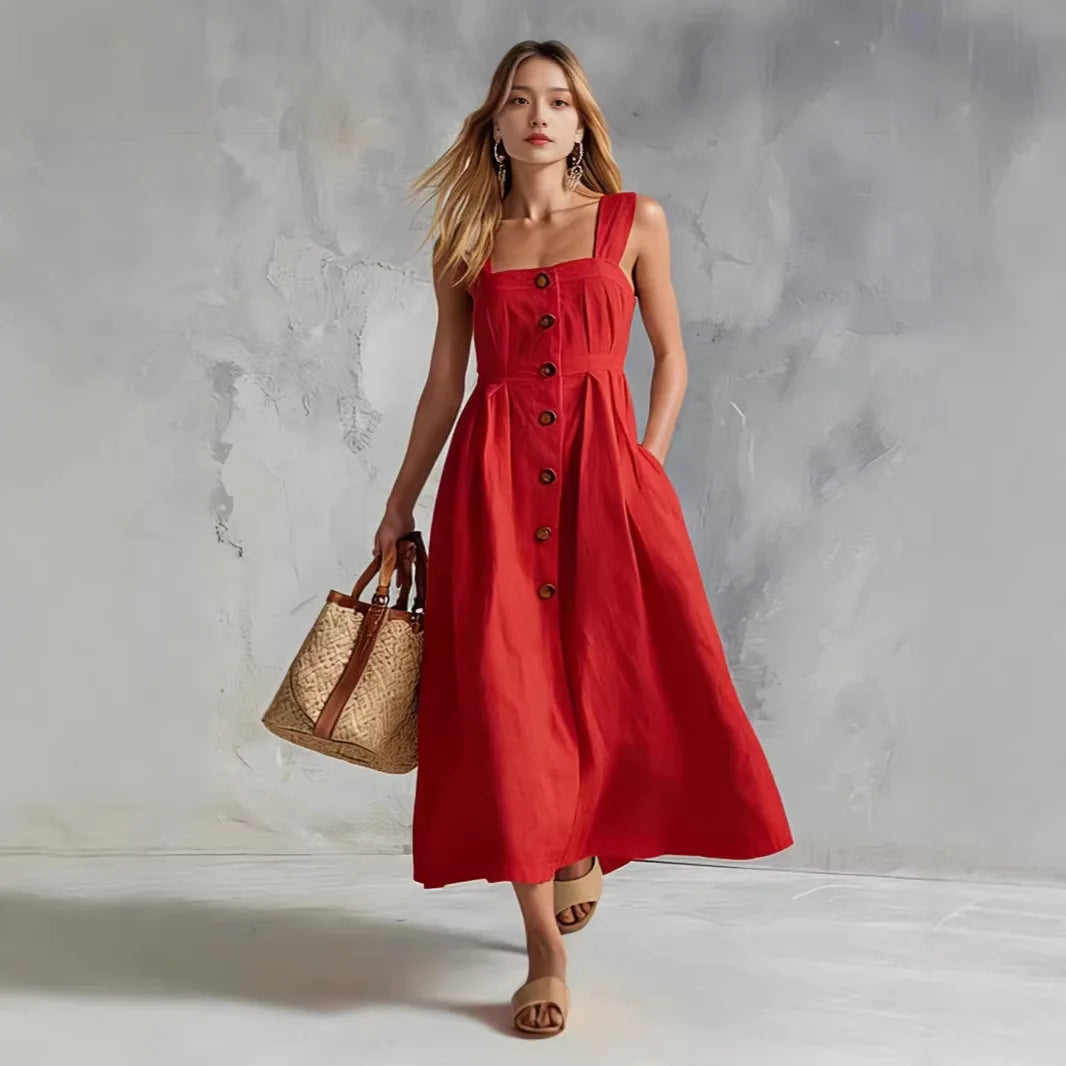 Zynara Linen Button Maxi Dress in Red