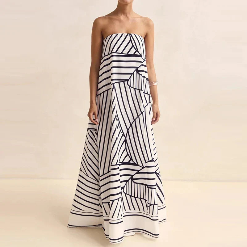 Zarina Off-Shoulder Party Dress in Black Stripe