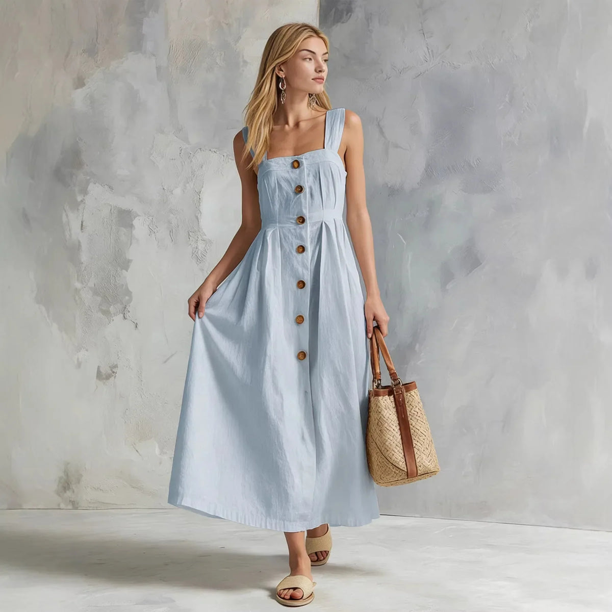 Zynara Linen Button Maxi Dress in Blue