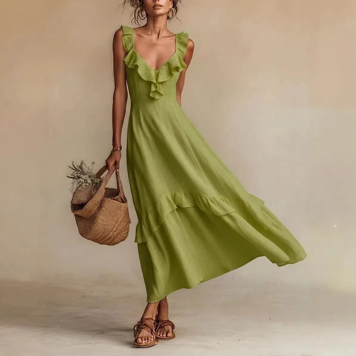 Zarelle Flowing Ruffle Maxi Dress in Green