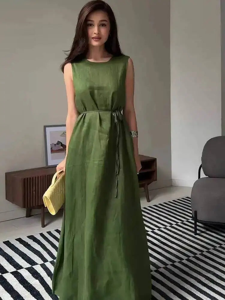 Winnie Waist Tie Maxi Dress in Green