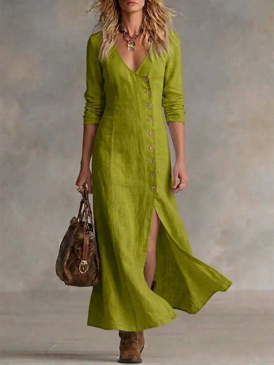 Yasmin Button Front Side Slit Maxi Dress in Green