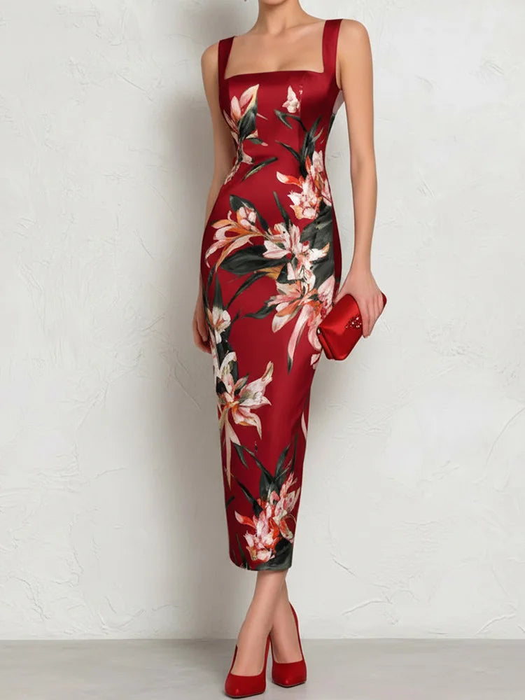 Yvette Elegant Floral Wedding Guest Dress in Red