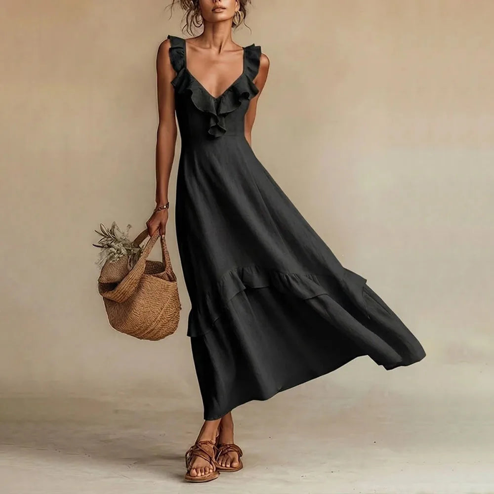 Zarelle Flowing Ruffle Maxi Dress in Black