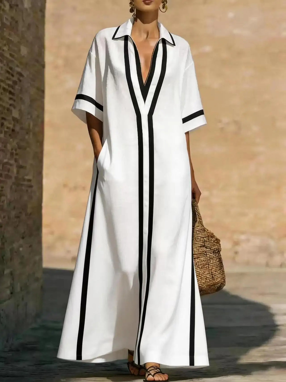 Victoria V-Neck Long Shirt Dress in White