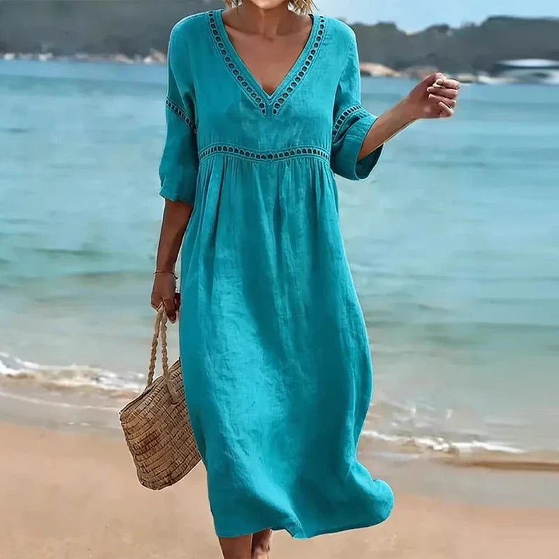 Brenna Hollow Trim V-Neck Midi Dress