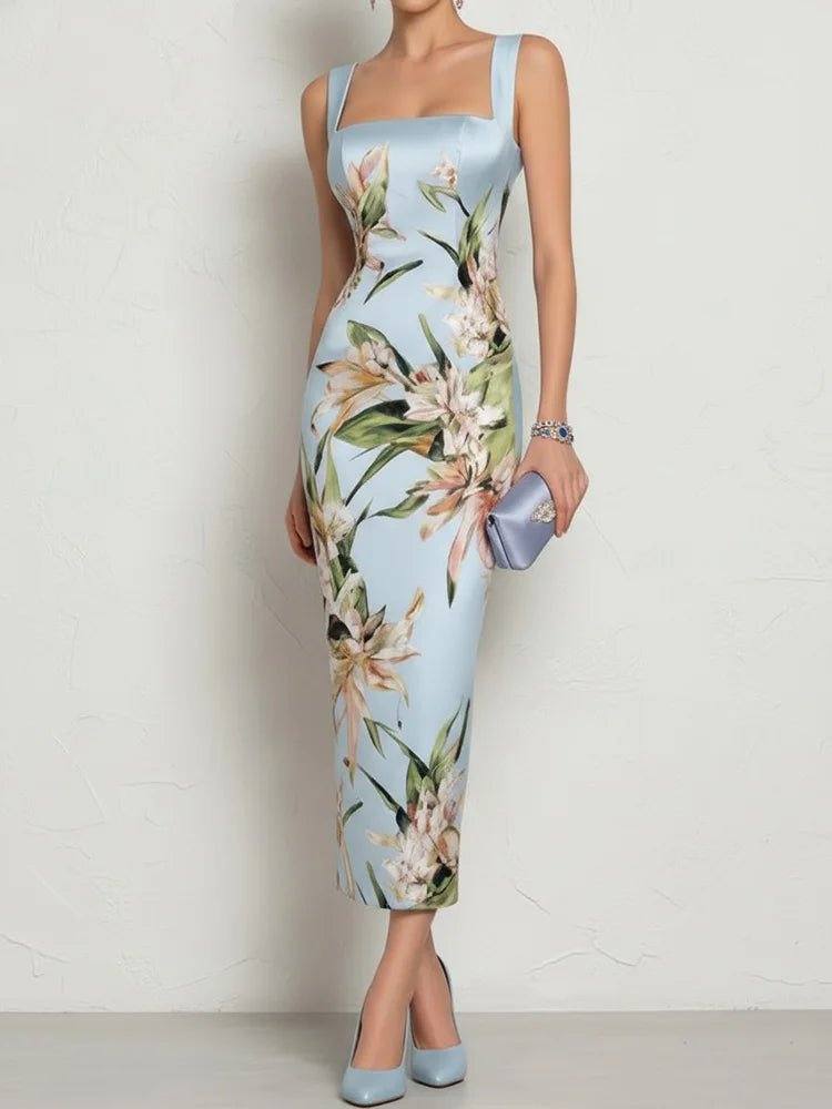 Yvette Elegant Floral Wedding Guest Dress in Blue