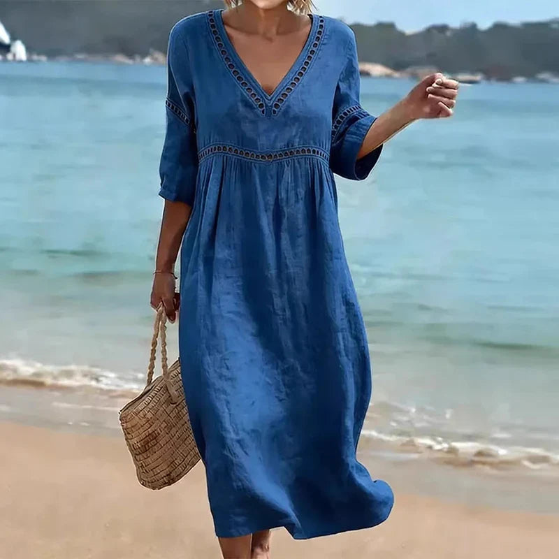 Brenna Hollow Trim V-Neck Midi Dress