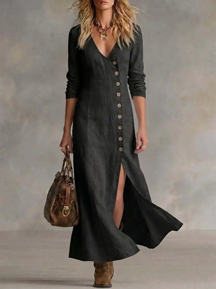 Yasmin Button Front Side Slit Maxi Dress in Black