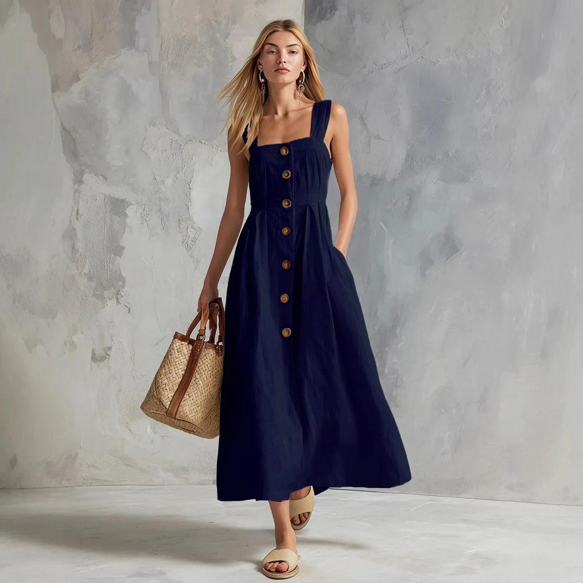 Zynara Linen Button Maxi Dress in Navy
